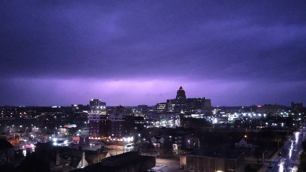 Skyline photo lightning in Detroit. Featuring the Fisher building.