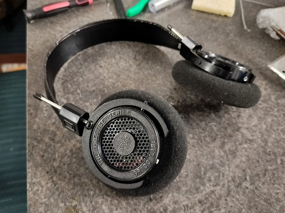 Original Grado SR60 headphones with Aliexpress drivers, detachable cables, and custom 3D printed driver housings.