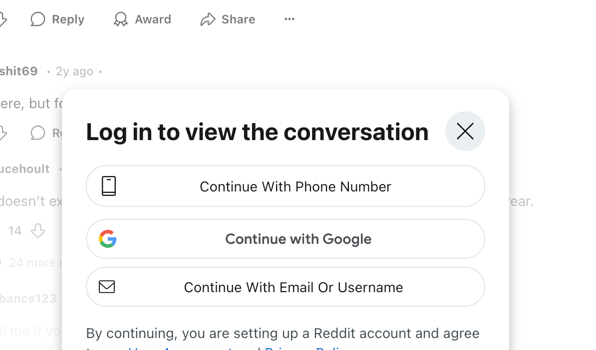 Reddit warning message stating that users must log in to view the full comments section.